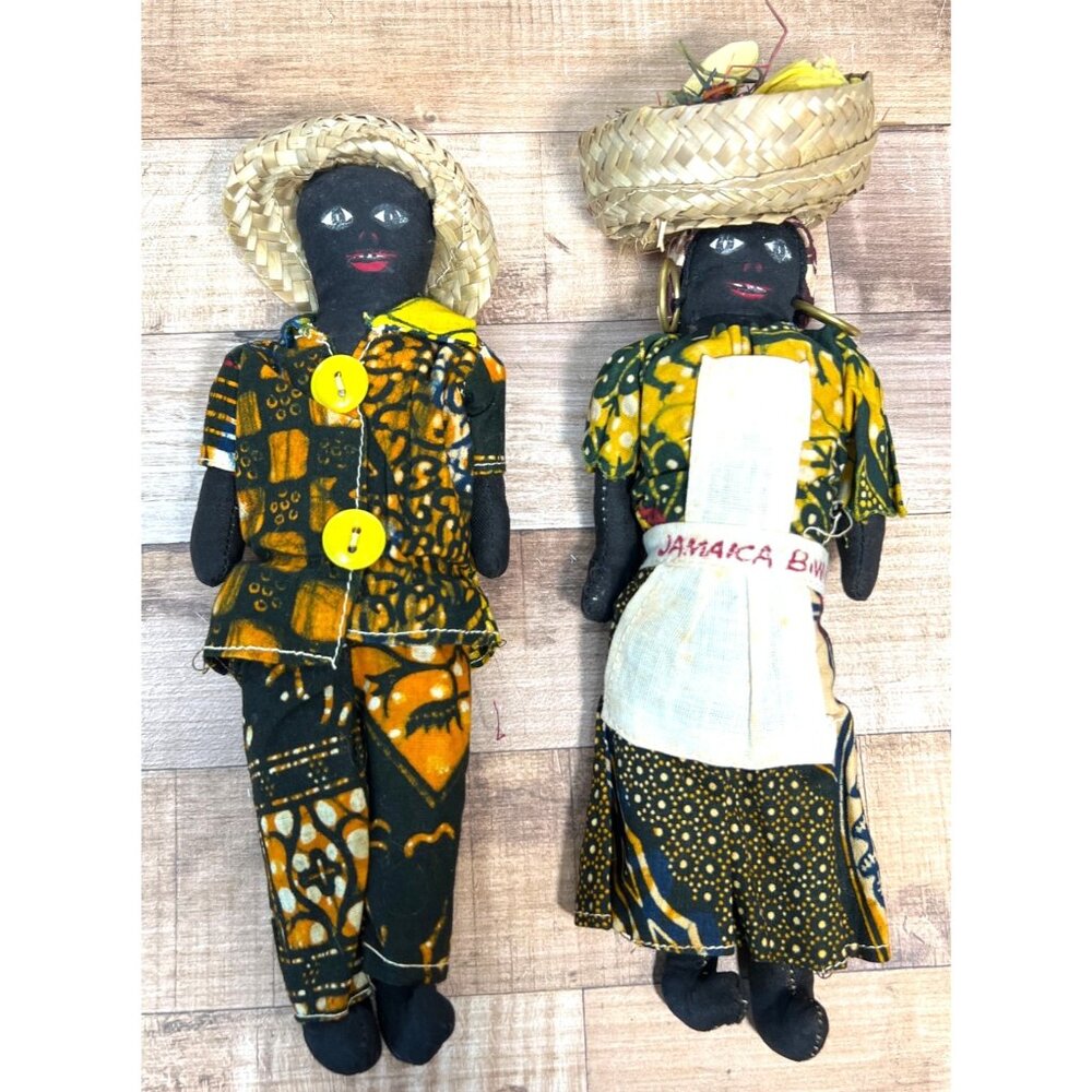 Handmade Jamaican Black Cloth Dolls In Traditional Attire With Hats - Set Of 2